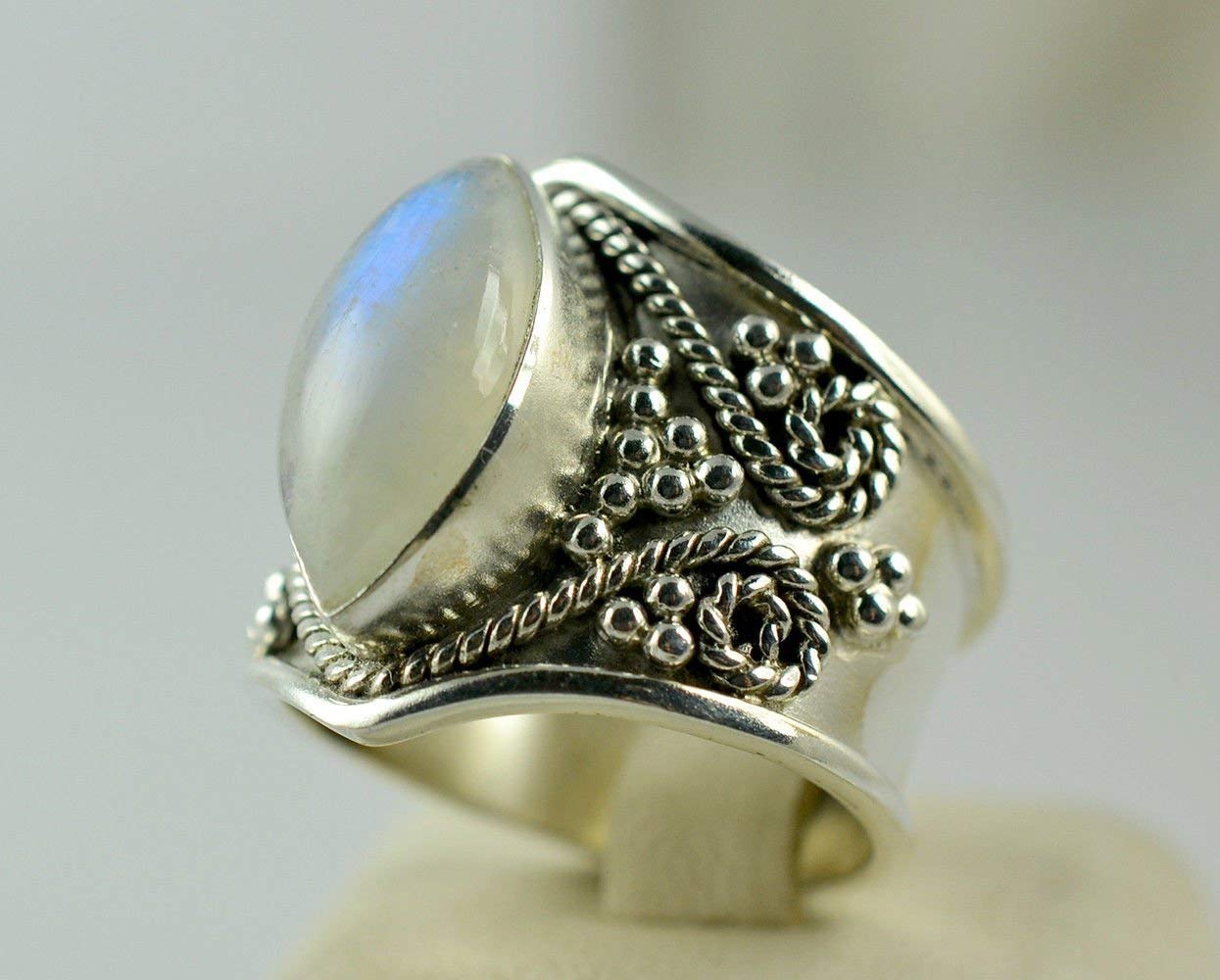 Regenbogen-Mondstein-Ring | 925 Sterling Silber Handgefertigter Statement-Versprechensring für Frauen | Natürlicher Edelstein Boho Schmuck | Juni-Geburtsstein | Geschenk für Sie