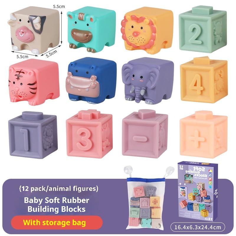 Image of Baby Building Blocks 12Pcs Soft Building Blocks Toy Set, Silicone Bath Toys Chewable, Educational Squeeze Play Toys for Babies Over Six Months Old