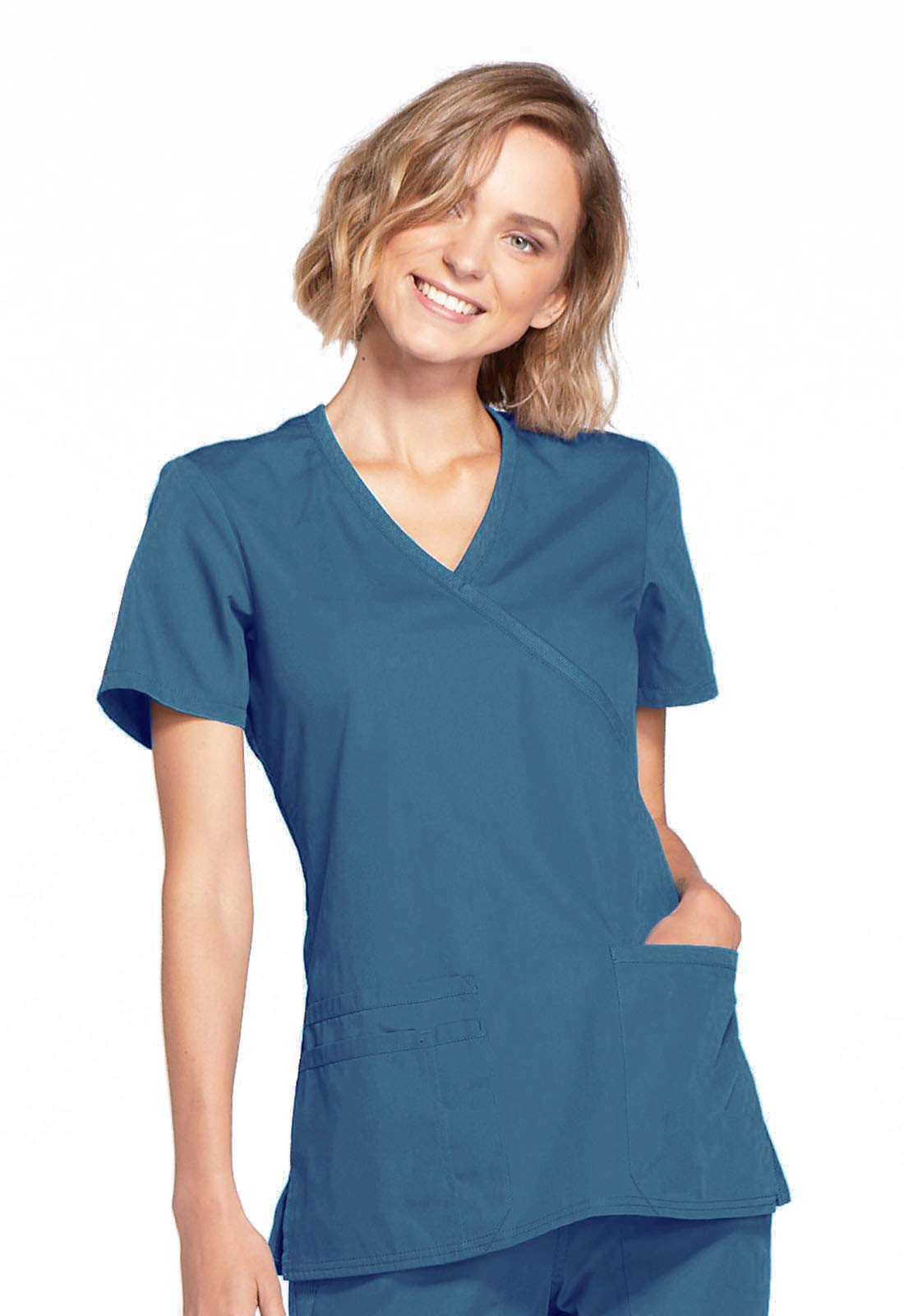 Cherokee Scrubs for Women Mock Wrap Nursing Scrub Top with 3 Pockets, Side Vent & Stretch Back Panels Medical Uniform - WW650