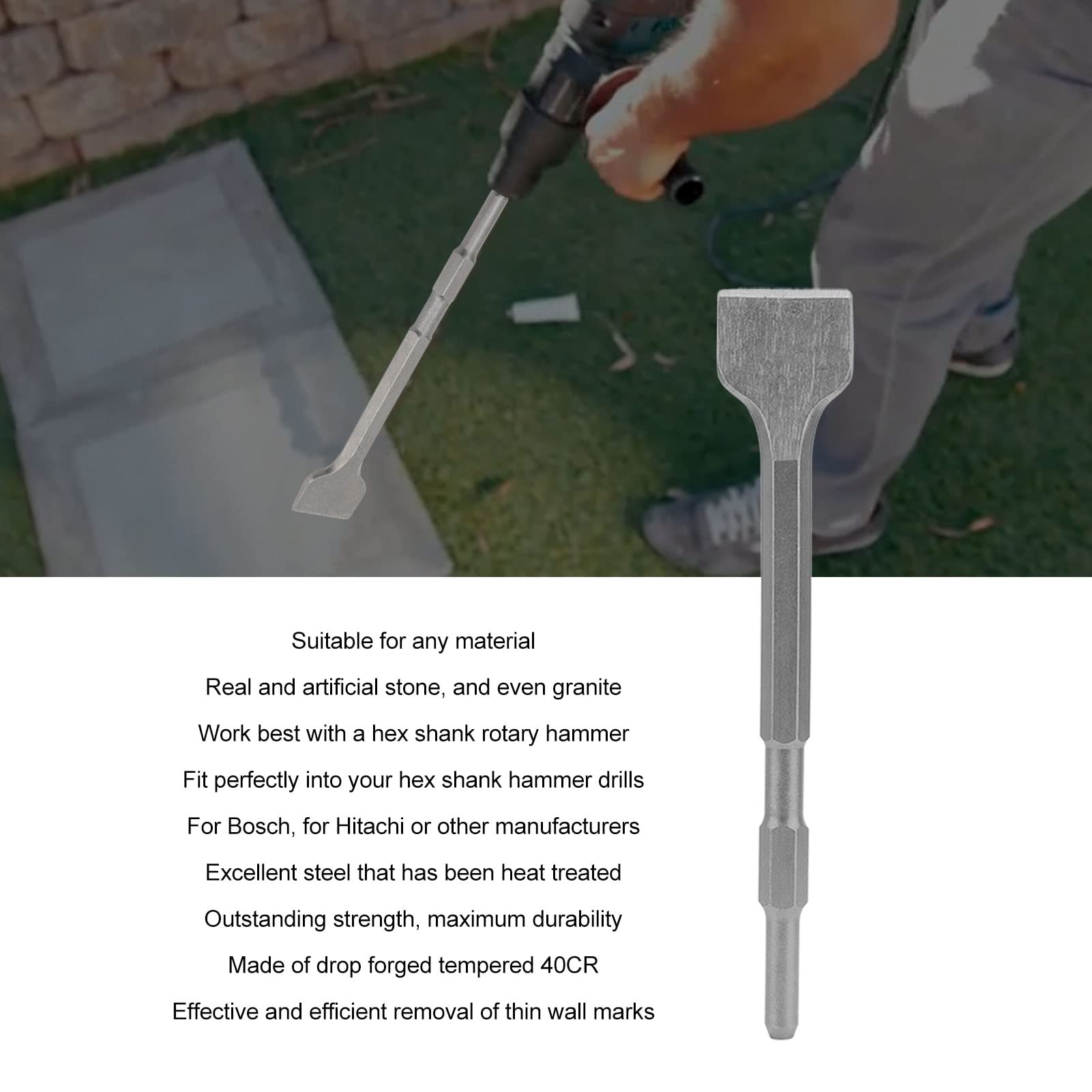 QANYEGN Grooving Chisel, Hammer Drill Chisel Set, Masonry Concrete Brick Stone Tile Removal Hex Shank for Hammer Drill Tool Bit (Wide)