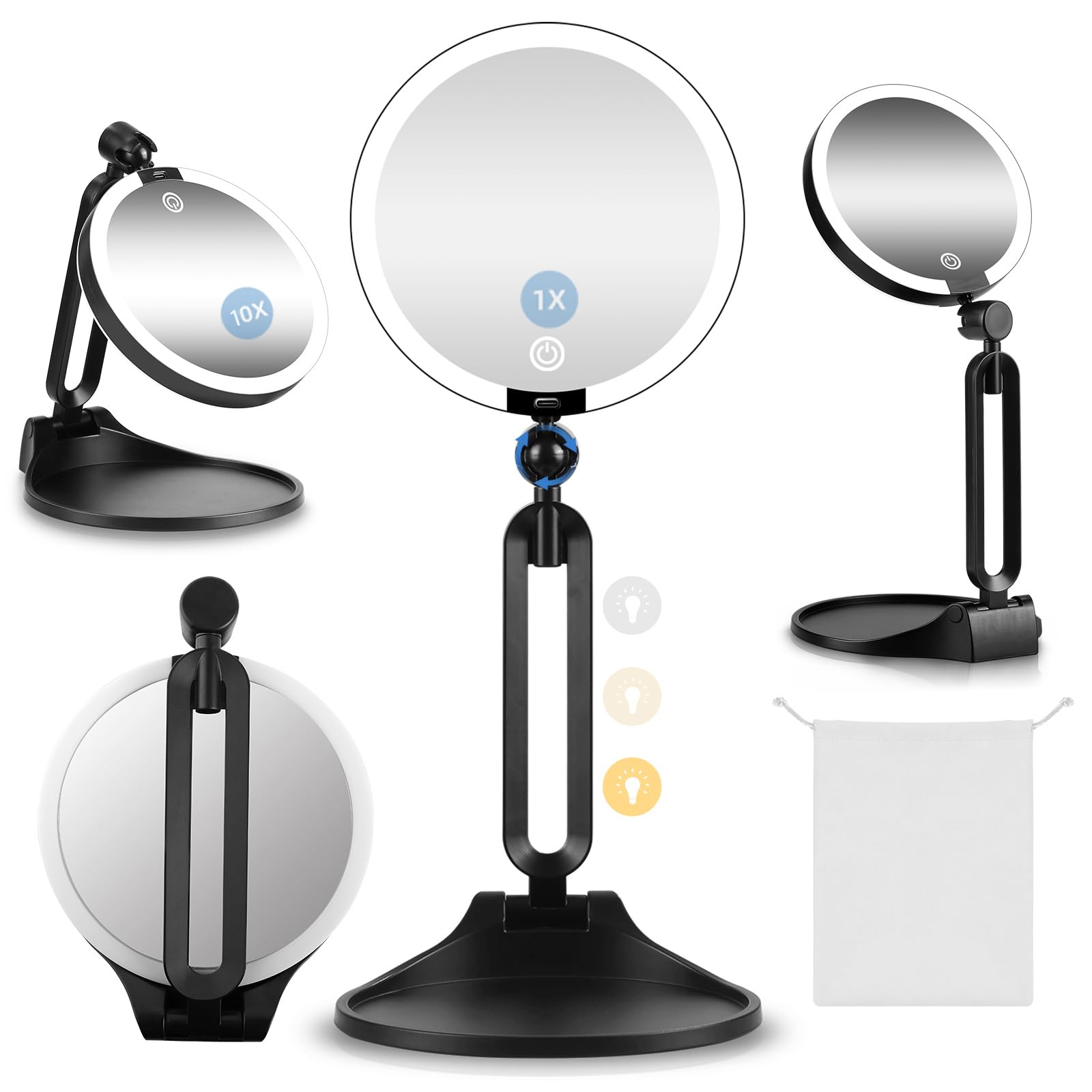 Doppelseitiger Vergrößerungsspiegel mit faltbarem Ständer und Tablett, 15,2 cm (6 Zoll), Schreibtisch-Make-up-Spiegel mit Licht, 10-fache Vergrößerung für Nahaufnahmen, 30-facher