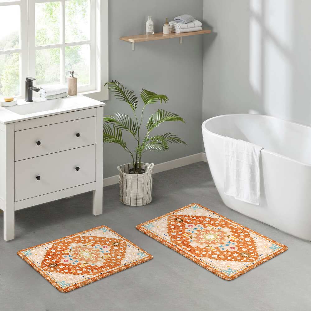 Alfombras de baño tribales bohemias, color naranja, bonito tapete de baño floral, antideslizante, lavable a máquina, alfombra pequeña, suave, oriental para decoración de baño, para fregadero, 8