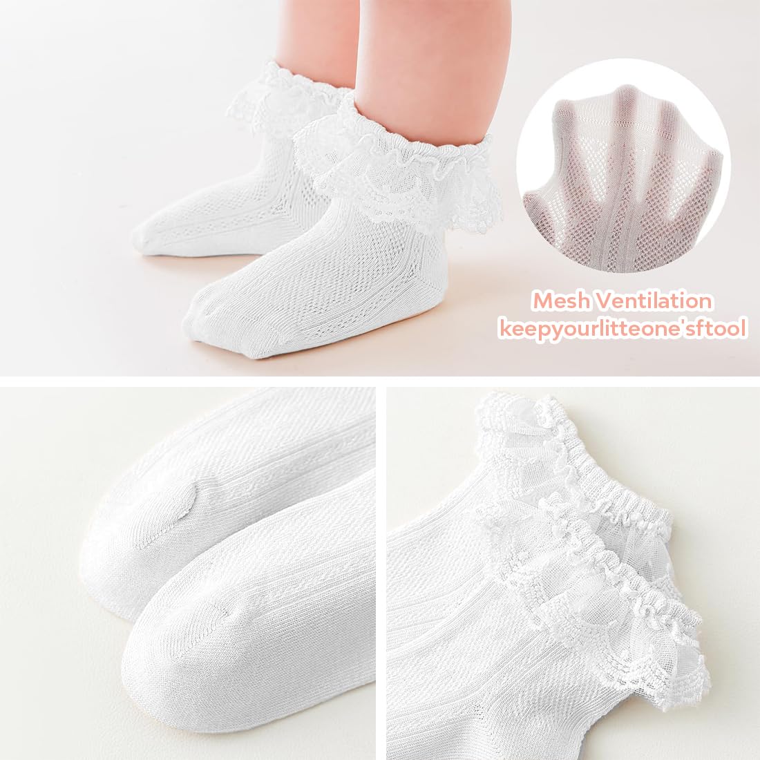 Confezione da 2 calzini in pizzo con volant, per bambini, per la scuola, per bambini, con volant, in cotone, pizzo, per battesimo, occhielli, per neonati