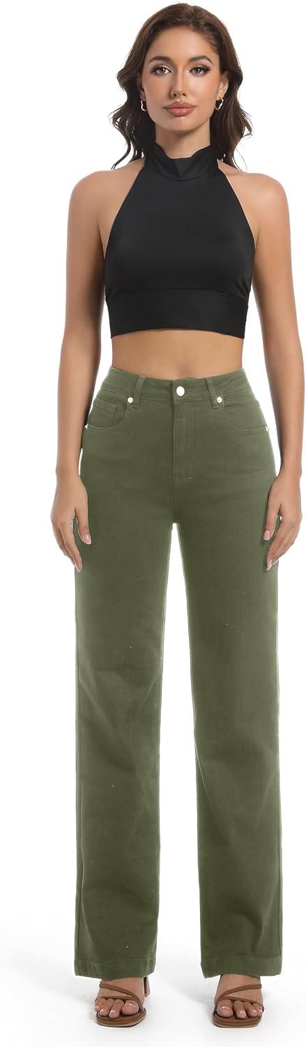 Guaile Women’s Jeans High Waisted Straight Leg Stretchy Jeans Trendy Wide Leg Tummy Control Loose Casual Denim Pants