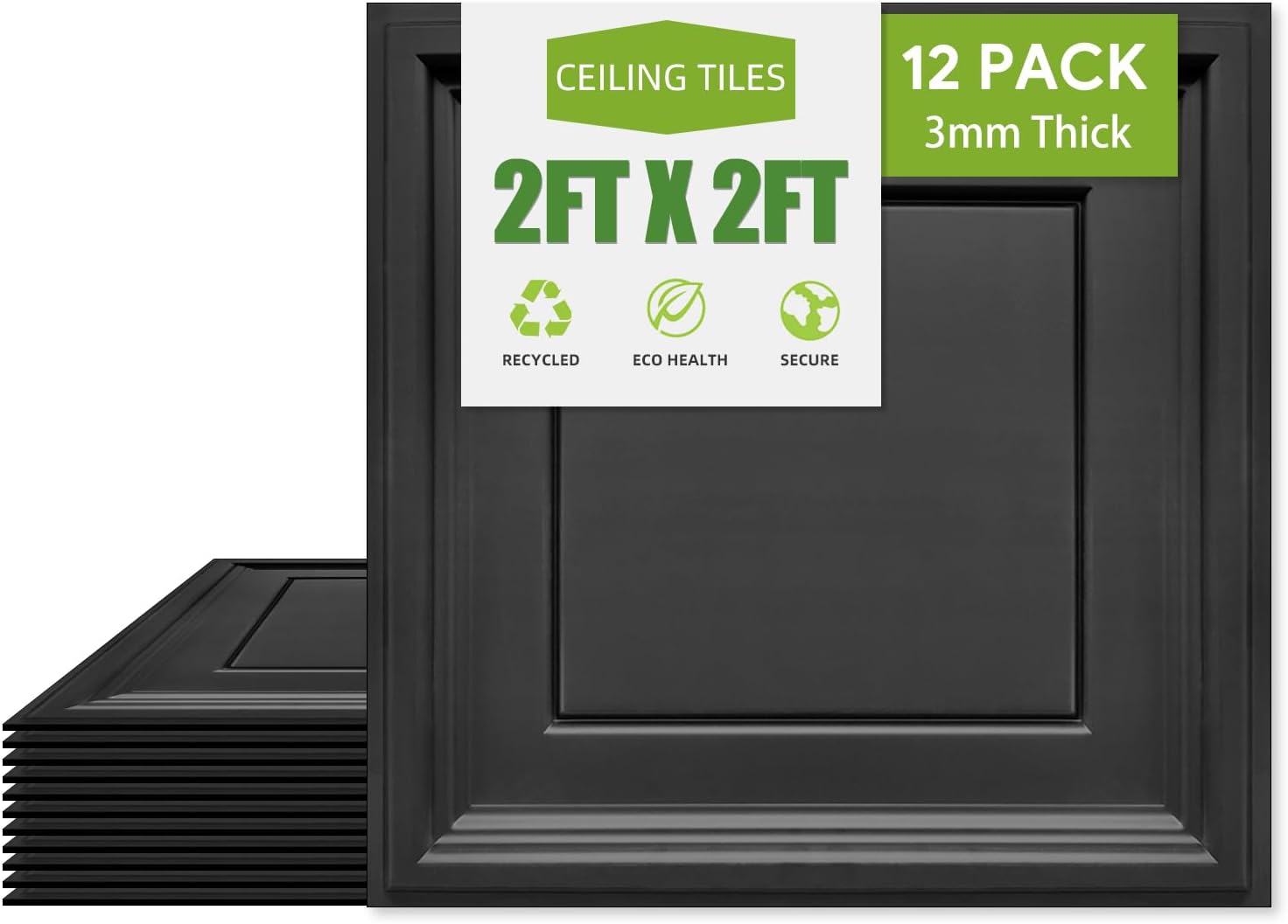 2ft x 2ft Drop Ceiling Tiles, Black Icon Relief Ceiling 24 x 24in. Waterproof, Washable and Fire-Rated - Reusable - High-Grade PVC to Prevent Breakage Cover 48 Sq. Ft, Pack of 12 Tiles