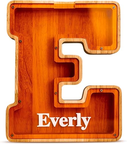 Miniatura 4 de Alcancía grande de madera con nombre personalizado para niños y niñas, alfabetos, letras A-Z, monedas, billetes, cambio de dinero, caja bancaria con