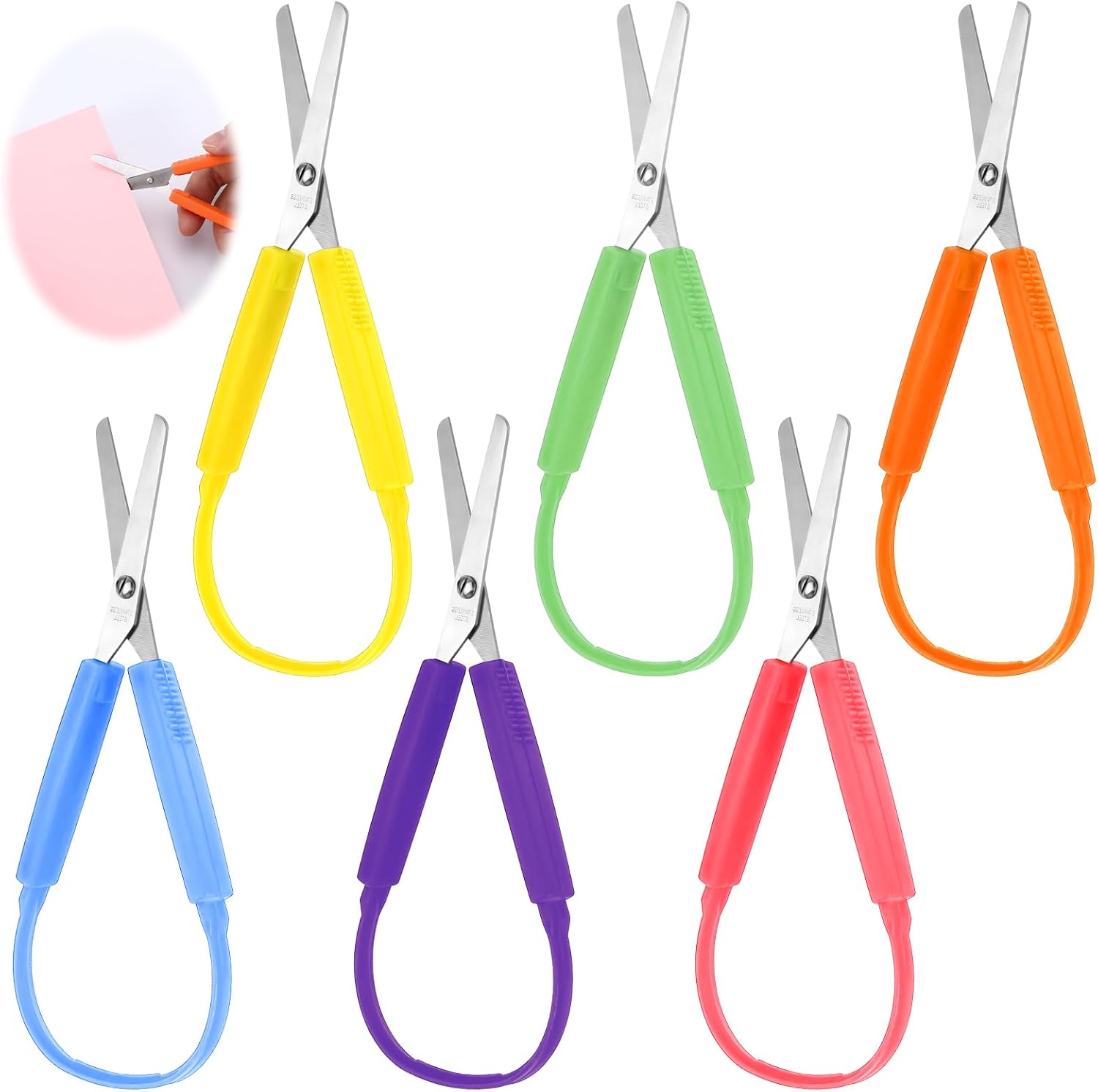 Adaptive Scissors for Kids, 6 Packs Mini Loop Scissors 5.4 Inch Self-Opening Safety Scissor, Ambidextrous Adaptive Design Right & Left Handed Easy Grip for Toddlers Children Special Needs