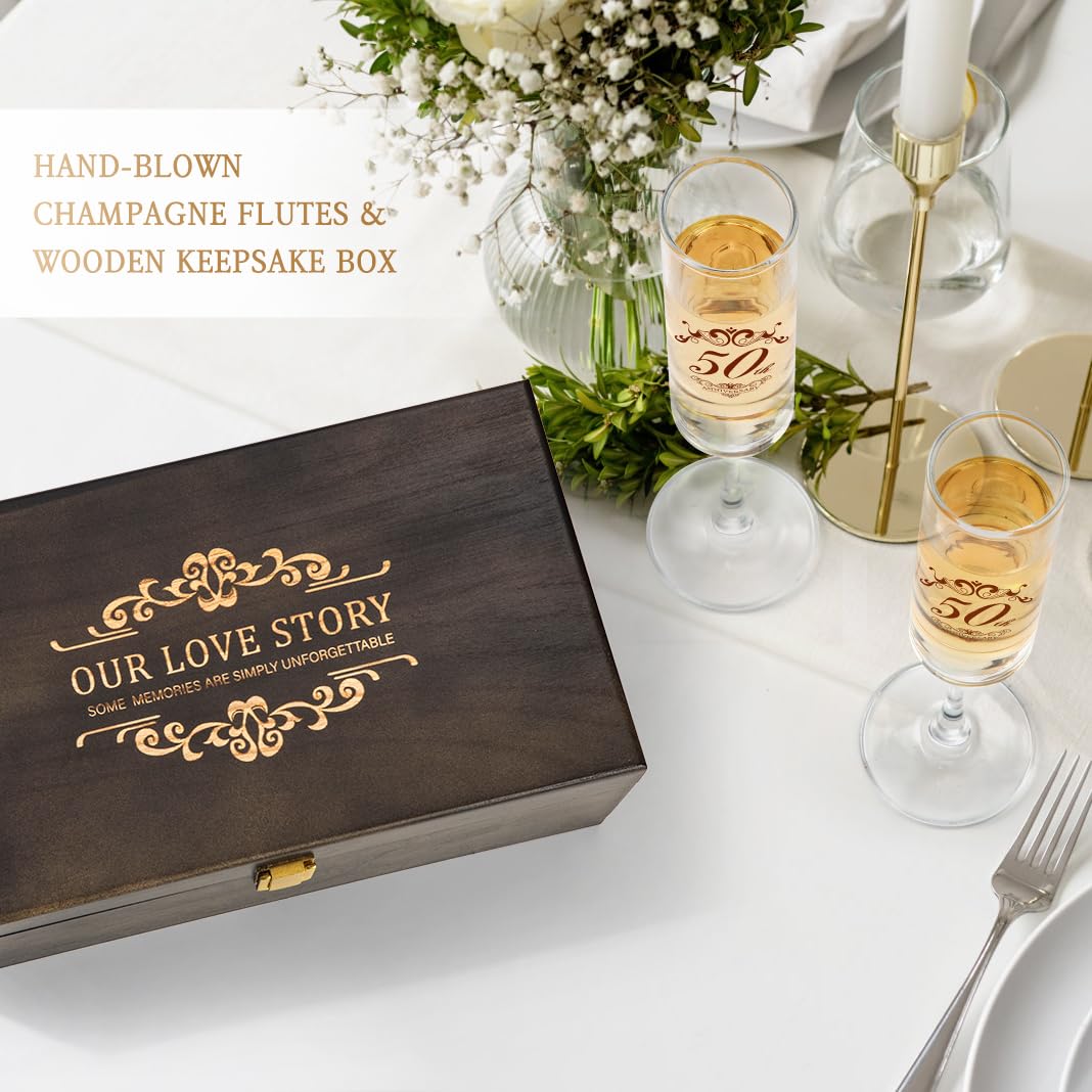 Urllinz Copas de champán para 50 aniversario de boda, decoraciones de 50 aniversario, el mejor regalo de boda de aniversario para parejas y padres, juego de 2 con caja de recuerdo de madera