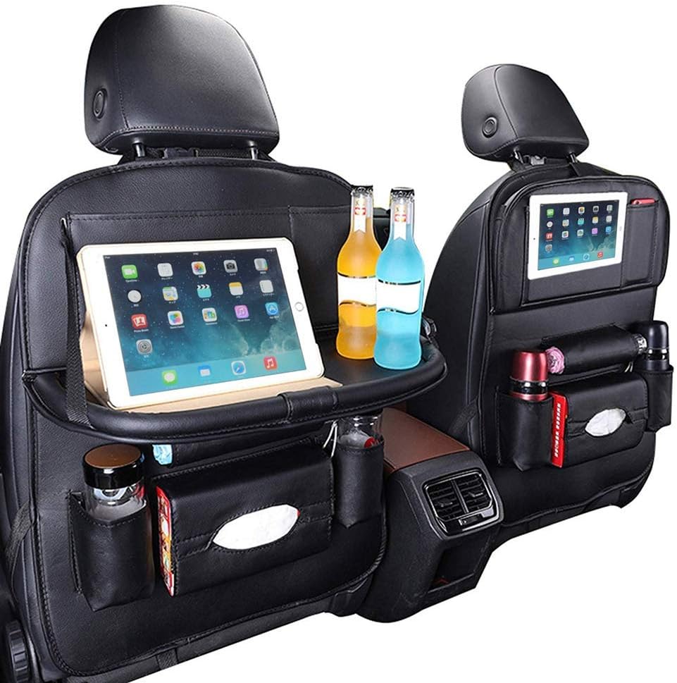 Fincy Palmoo Pu Leather Car Back seat Organizer with Foldable Table Tray, Table Tray, Foldable Dining Table with iPad and Tablet Holder, Travel Accessories Organizer (1 pack)