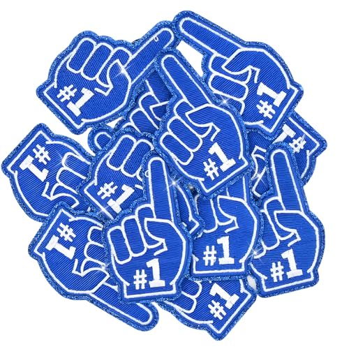 4 Pcs Game Day Patches Sports Fan Index Finger Number One Iron On Embroidered Patches for Clothes, Hat, Socks, DIY Accessories 3 x 1.6 inch (Blue)