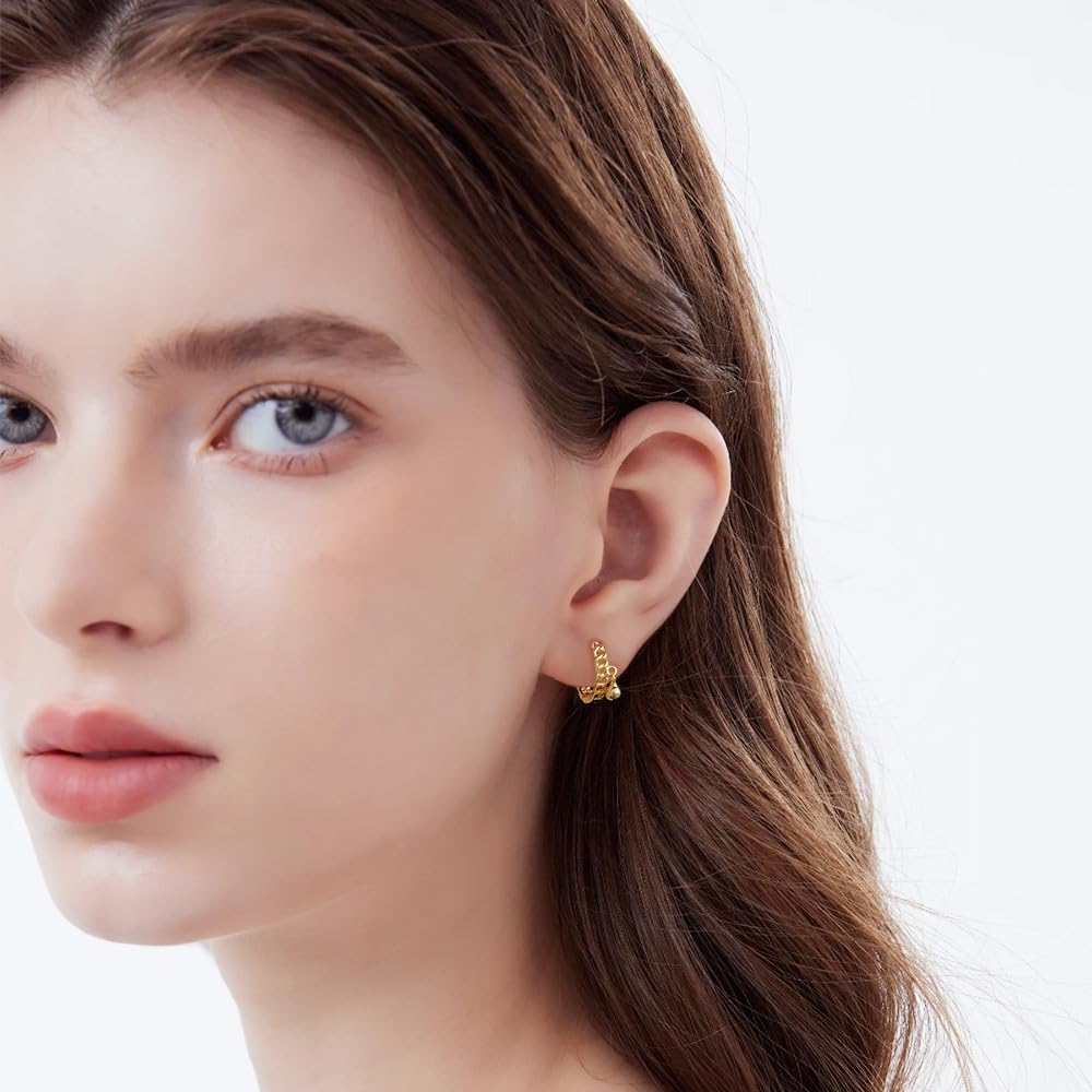 Cute Ball Small Hoop Earrings for Women Girls 925 Sterling Silver Hypoallergenic Tiny Chain Hoop Cartilage Piercing Cuff Wrap Earrings Dainty Birthday Christmas Holiday Jewelry Gifts for Nickel Free Ear 8mm Inner - Image 3