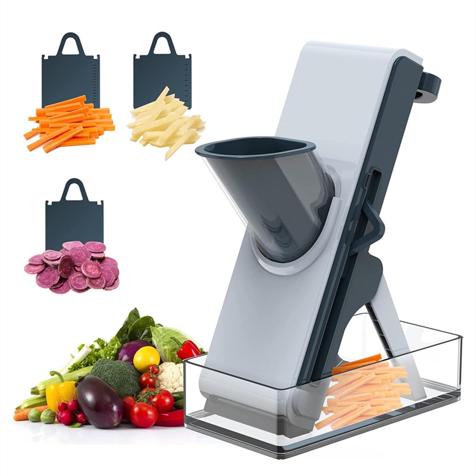 Kitchen Chopping Artifact, for Vegetables Cutting Frozen Meal or Sausages Veggie Cutter, Rapid Prep Mandoline with Container, Thickness Adjuster Multi Blades,blue