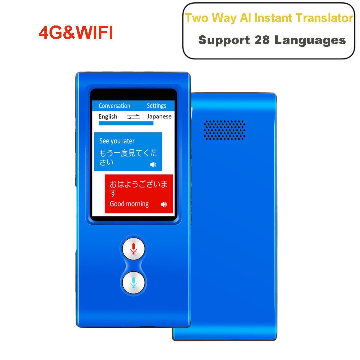 Smart Language Translator Device,4G Handheld Electronic Voice Translator Simultaneous Translation AI 2 Way Both Voice-to-Voice &Text Translation Consecutive Interpreting 28 Languages English Chinese French Spanish Japanese Italian German for Travel Learning Business Meeting-Blue