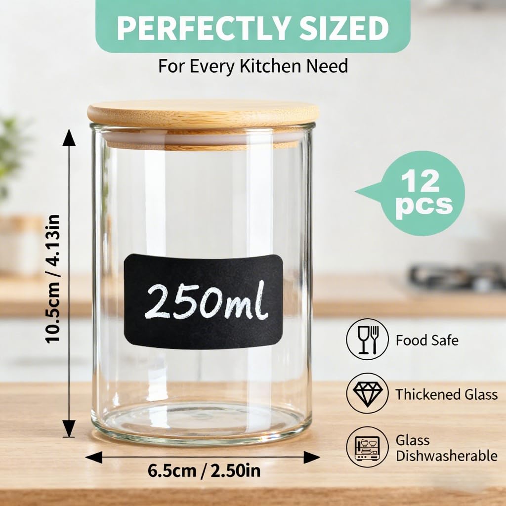 Lot de 12 pots à épices vides en verre avec couvercles en bambou, 250 ml avec étiquettes, petits pots d'assaisonnement hermétiques pour sel, poivre, poudre de piment, sucre, thé en vrac