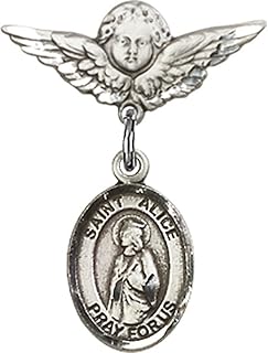 Sterling Silver Baby Badge with St. Alice Charm and Angel w/Wings Badge Pin 7/8 X 3/4 inches