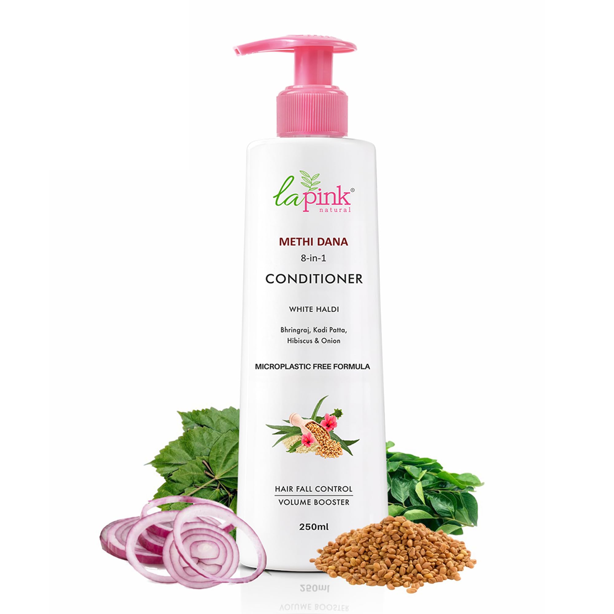 La Pink Methi Dana 8-in-1 Hair Conditioner for Hair Fall Control & Damage Repair | Boosts Volume with Hibiscus, Bhringraj, Indian Bay Leaf & Onion | Sulphate-Free | For Men & Women | 250 ml
