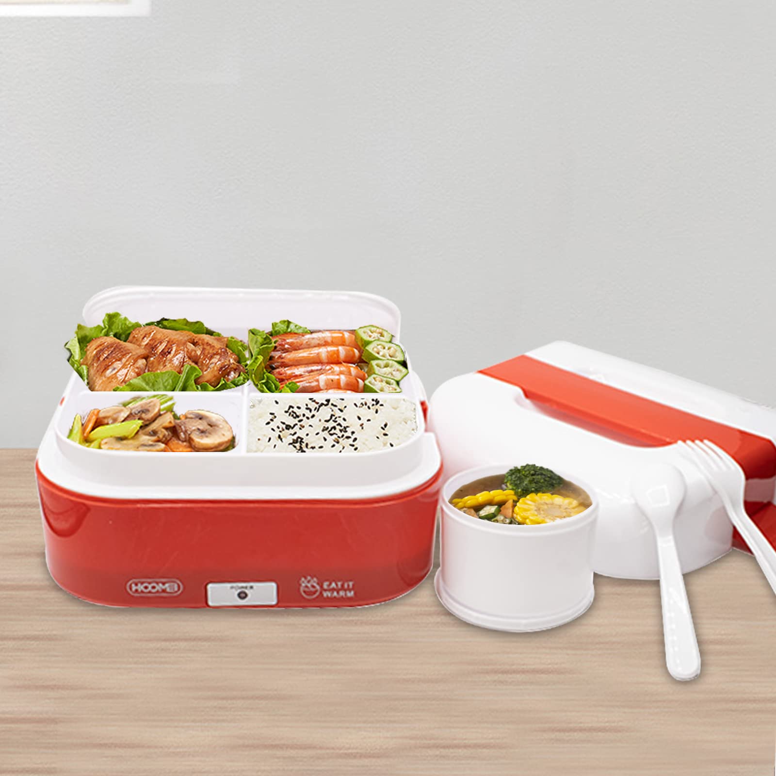 S.I.C Scaldavivande elettrico portatile,Lunch Box Elettrico,porta pranzo termico, 1.6L,potenza 40W vaschetta estraibile, posate incluse, per viaggio,auto,camion,camper,ufficio (Rosso)