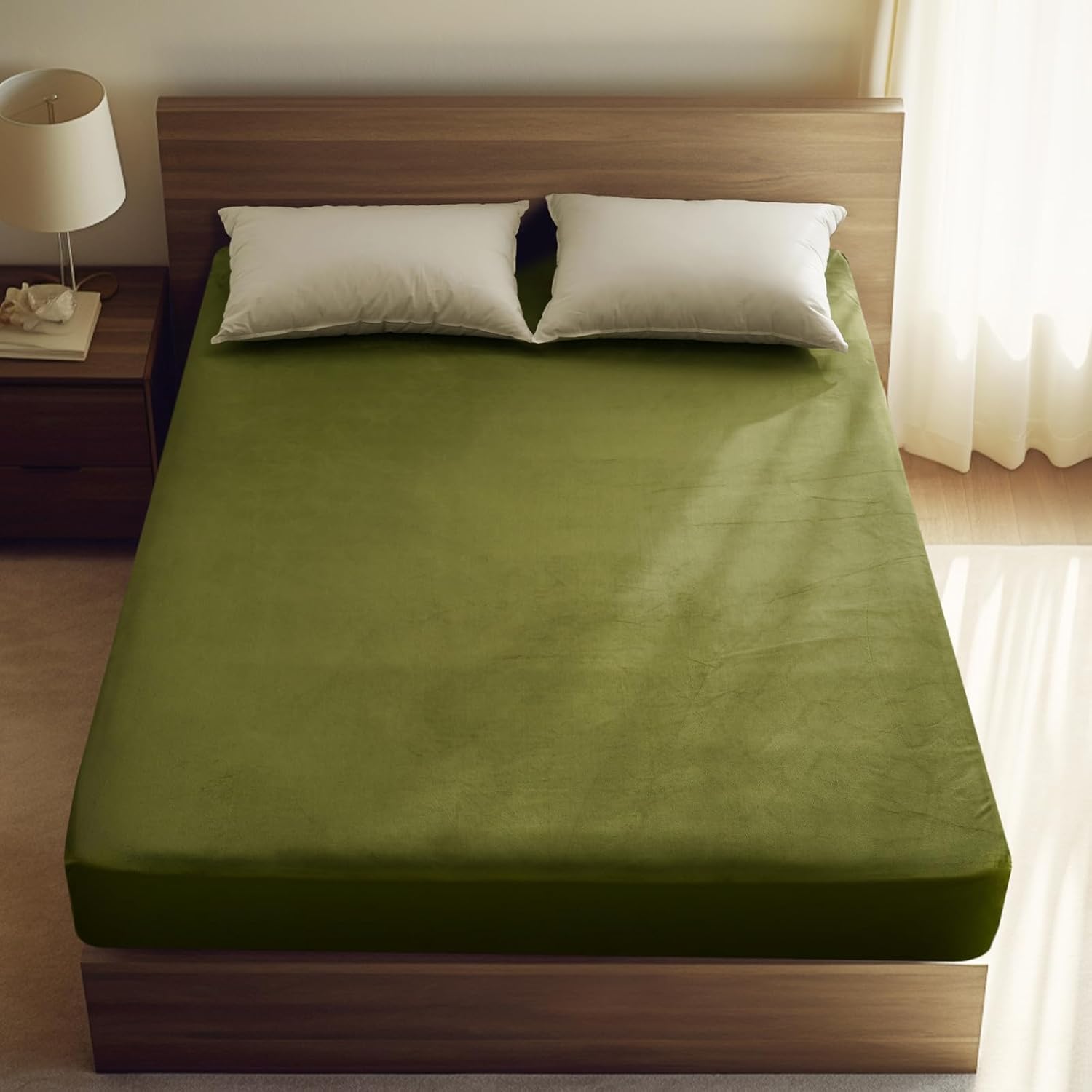 PHF Ultra Soft Velvet Fitted Sheet Twin Size, 16" Deep Pocket with Wider Stronger Elastic Band, Easy Fit Easy Care, 1 Pack Cozy Comfy Flannel Bottom Sheet for All Seasons, No Pillowcases, Olive Green