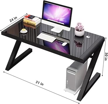 Tempered Glass Computer Desk Modern Home Office Desk Gaming Desk PC Laptop Study Table Workstation for Home Office(31 Inch, Black & White)