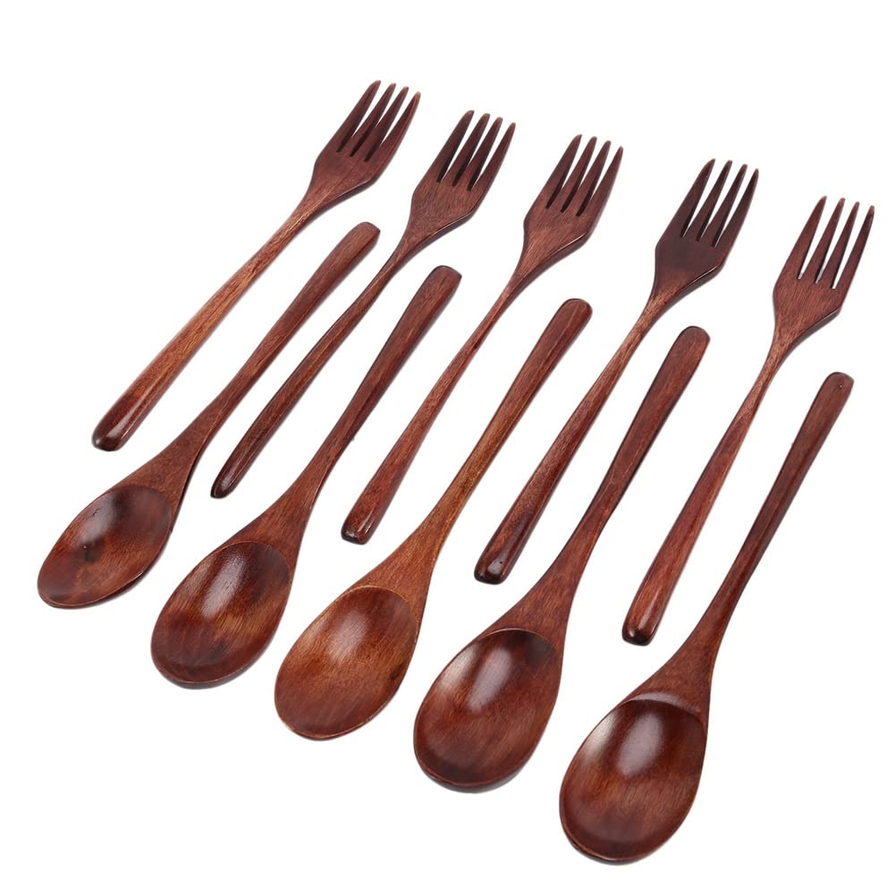 Hndhbfgrt 100 Pcs Wooden Spoons Forks Set Wooden Utensil Set Reusable Natural Wood Flatware Set for Cooking Stirring Eating