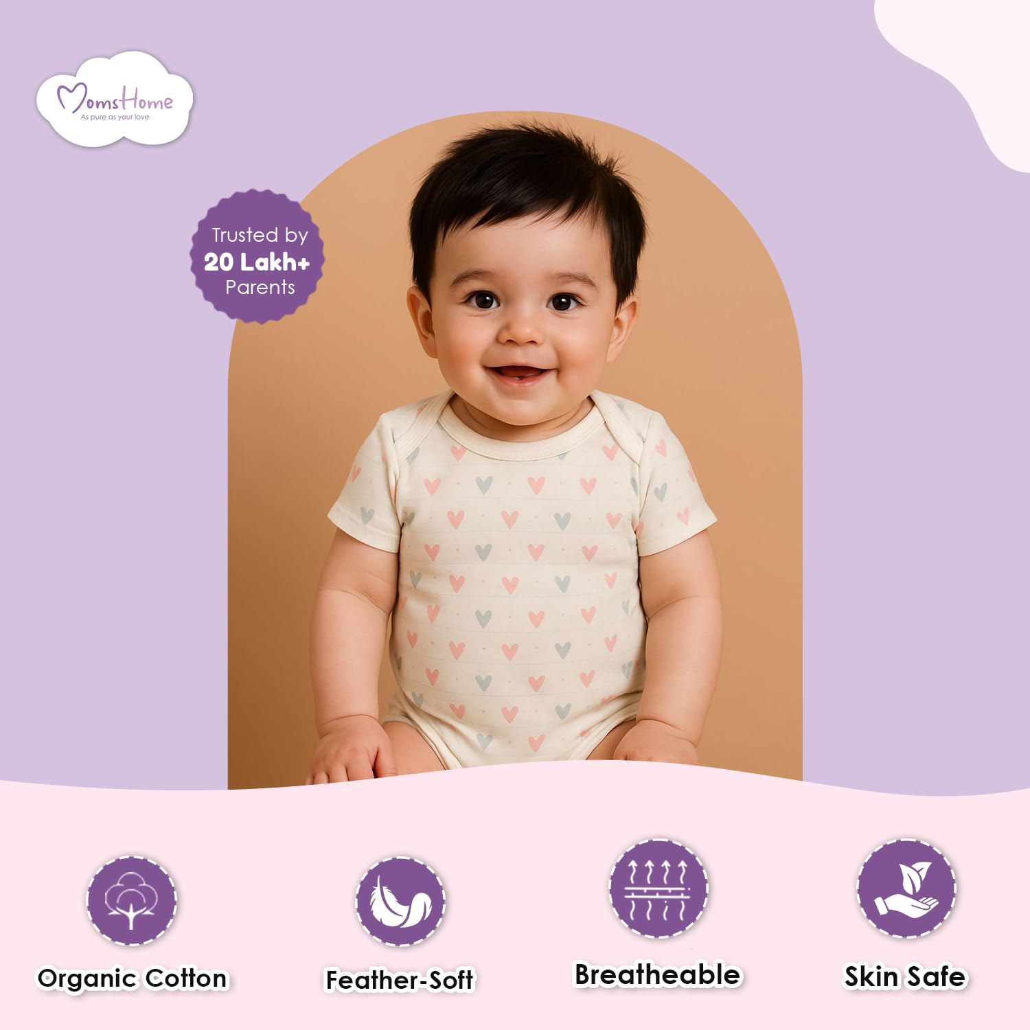 MOM'S HOME Organic Cotton Baby Half Sleeve Onesie | Pack of 2 (Little Hearts & Pink, 3-6 Months) 4