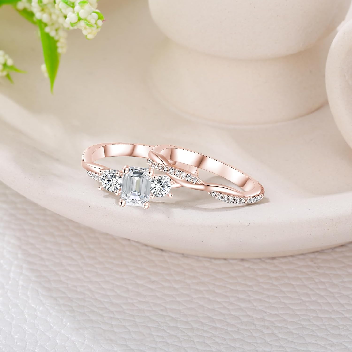 1.76 Carat (ctw) 3-Stone Emerald-Cut Moissanite Twisted Bridal Sets Wedding Engagement Ring Set for Women White Gold Wedding Band Engagement Rings Customizable Sterling Silver/10k gold/14k gold/18k gold