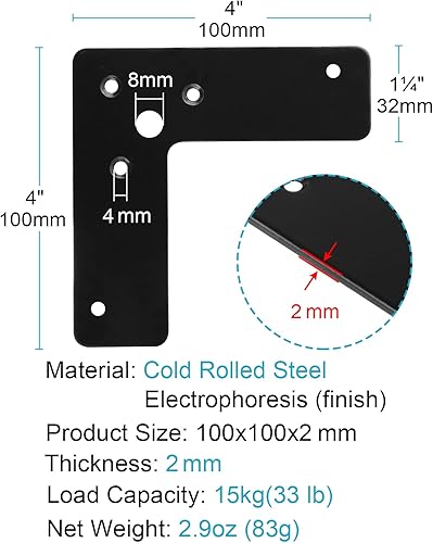 Miniatura 2 de 10 unidades de soporte de esquina plano negro de 4 x 4 x 1 pulgadas, en forma de L, placas de reparación de fijación plana, grosor de 0.079