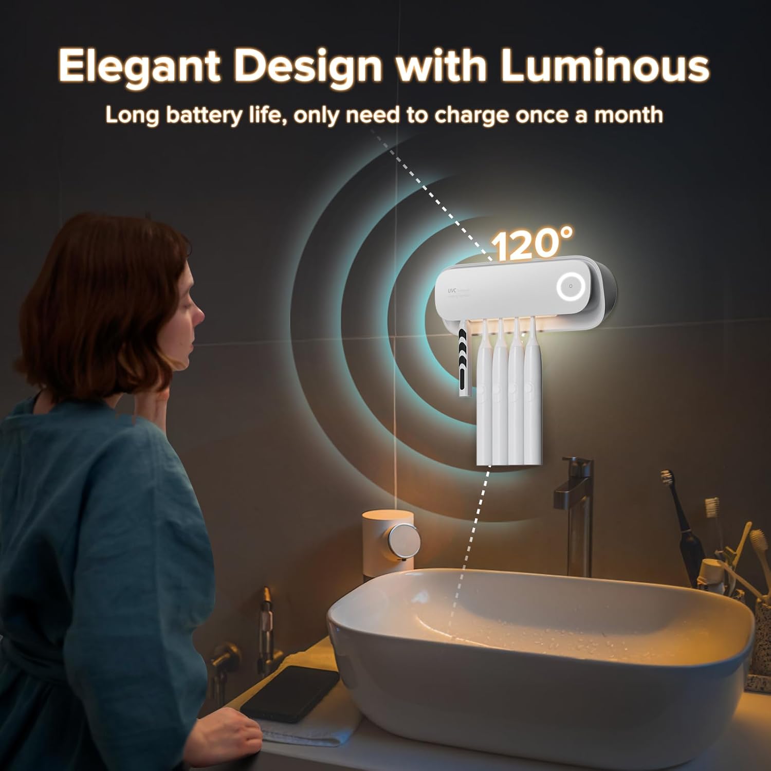 Toothbrush Sanitizer Holder for Bathrooms, 5 Slots Toothbrush Sanitizer and Holder, Rechargeable Cordless Wall Mounted Organizer, Toothbrush Cleaner with Drying Function, No-Drilling - Image 4