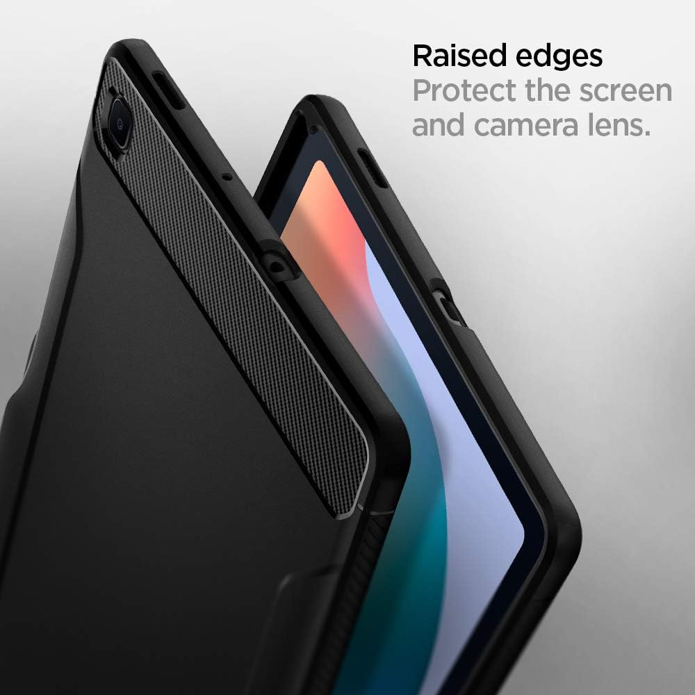 Image illustrating the raised edges of the Spigen case protecting the tablet's screen and camera.