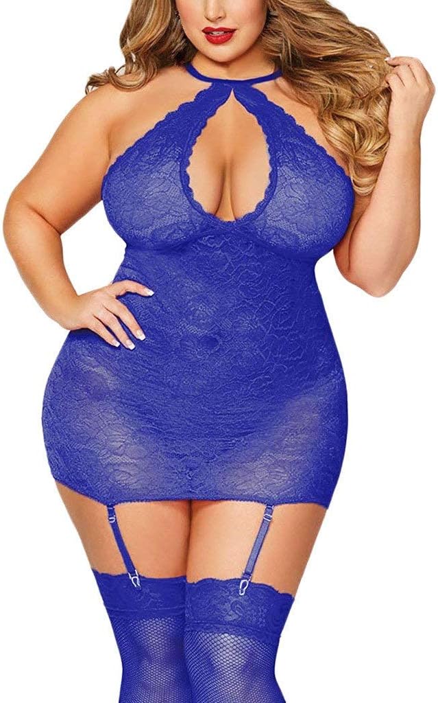 Women's Plus Size Sexy Lingerie Keyhole Halter Lace Stretch Teddy Babydoll Chemise with Garters G-String