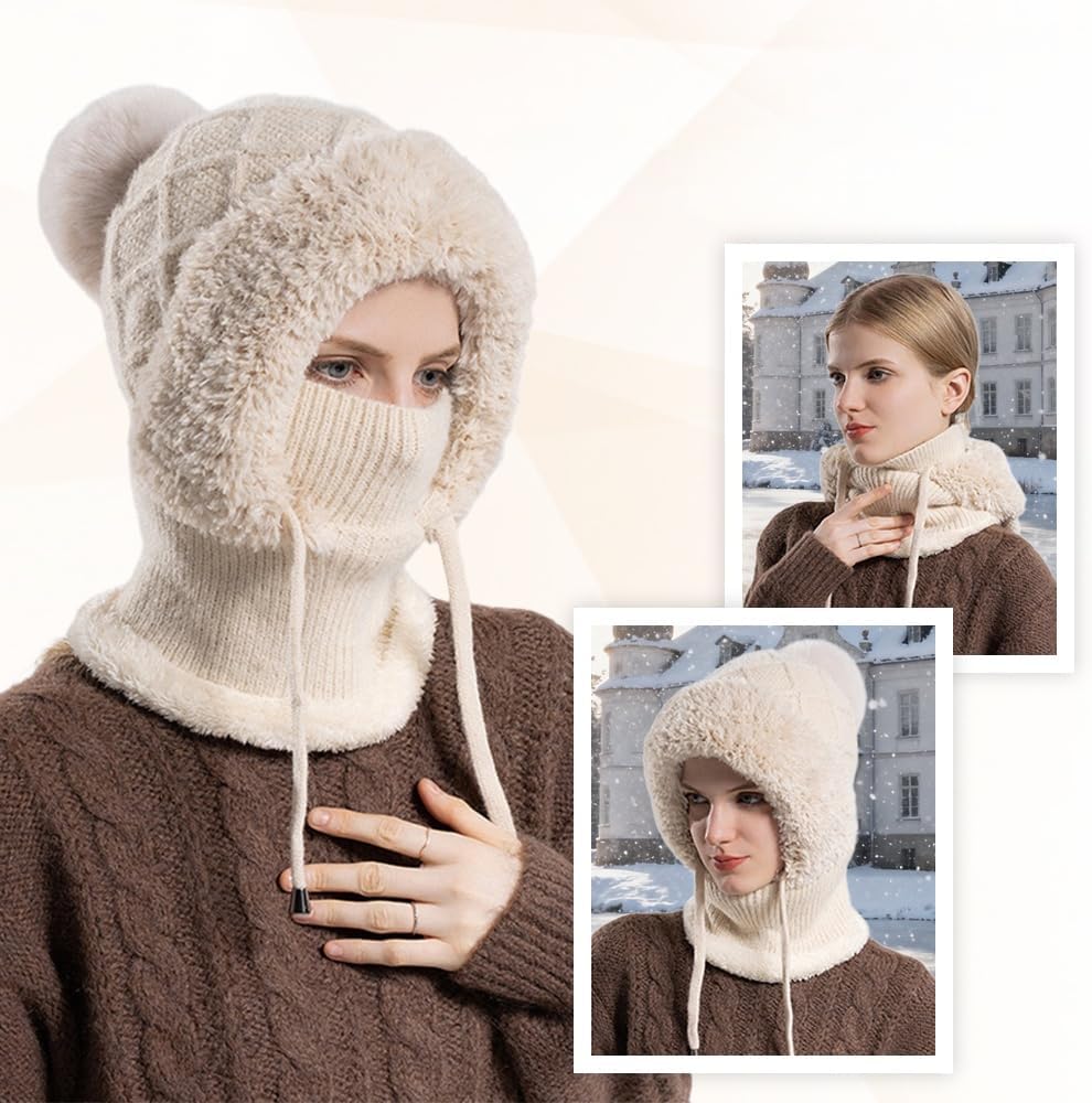 3 in 1 Beanie Hat with Scarf and Mask, 3 in 1 Beanie Hat for Women Fall Winter Warm Knitted Windproof Balaclava Scarf