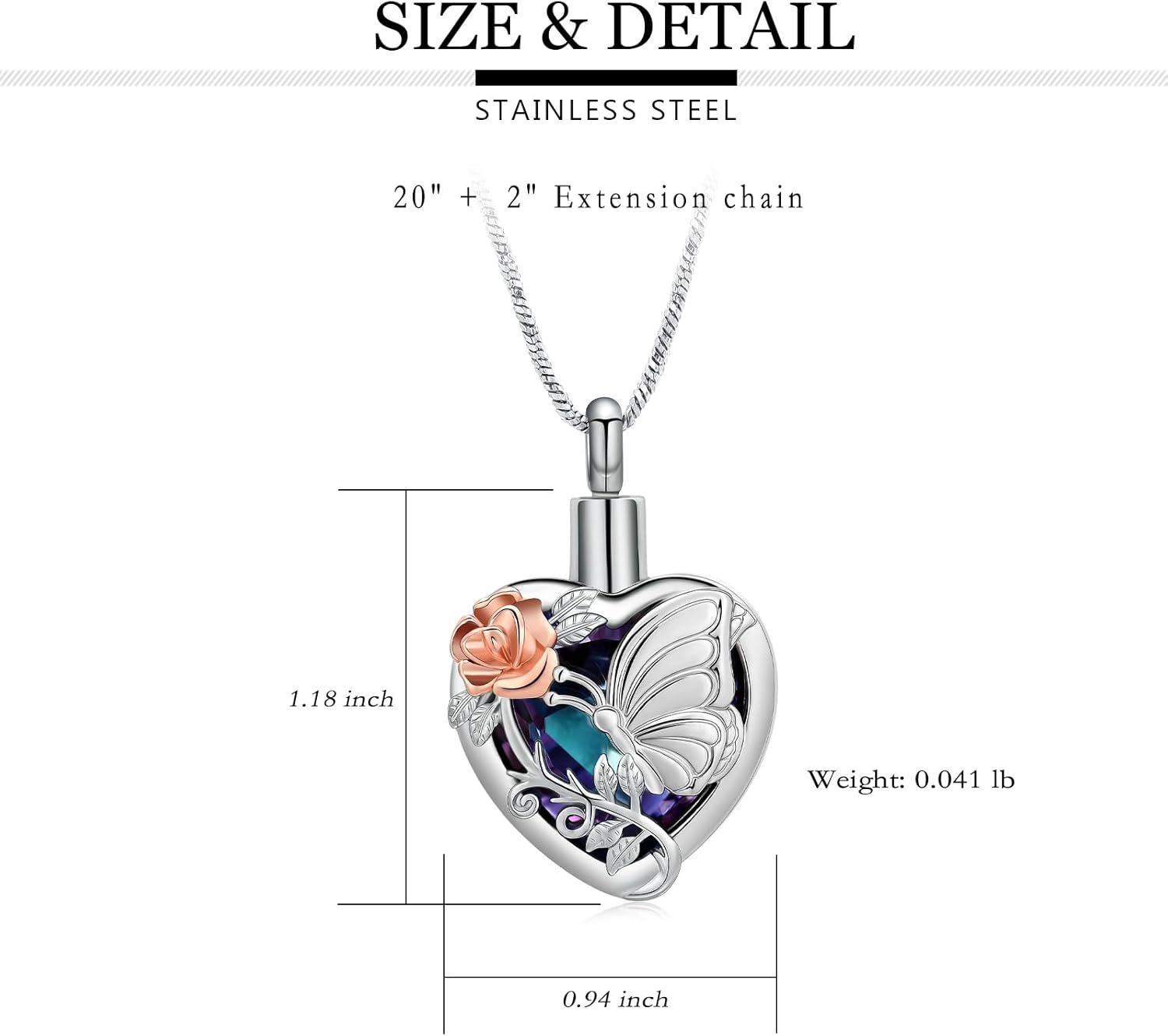 Yinplsmemory Butterfly Cremation Jewelry with Crystal Heart Urn Ashes Necklace for Women Stainless Steel Memorial Keepsake Necklace Urn for Human/Pet - Image 2