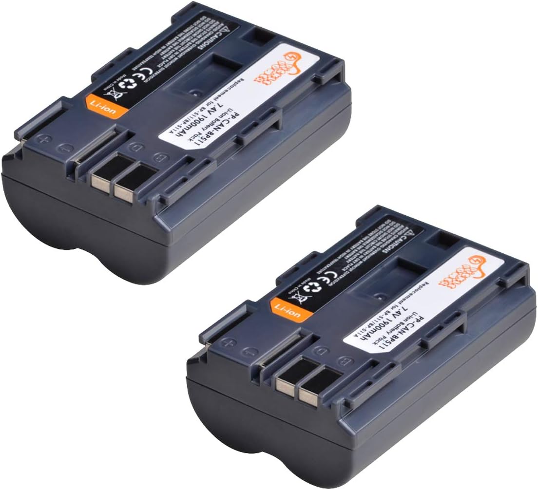BP-511 Battery, Pickle Power 2 Pack BP-511a Batteries for Canon 10D,20D,20Da,30D,40D,50D,300D,G1,G2,G3,G5,G6,Pro 1,Pro 90,Pro 90IS Cameras(1900mAh, 7.4V)