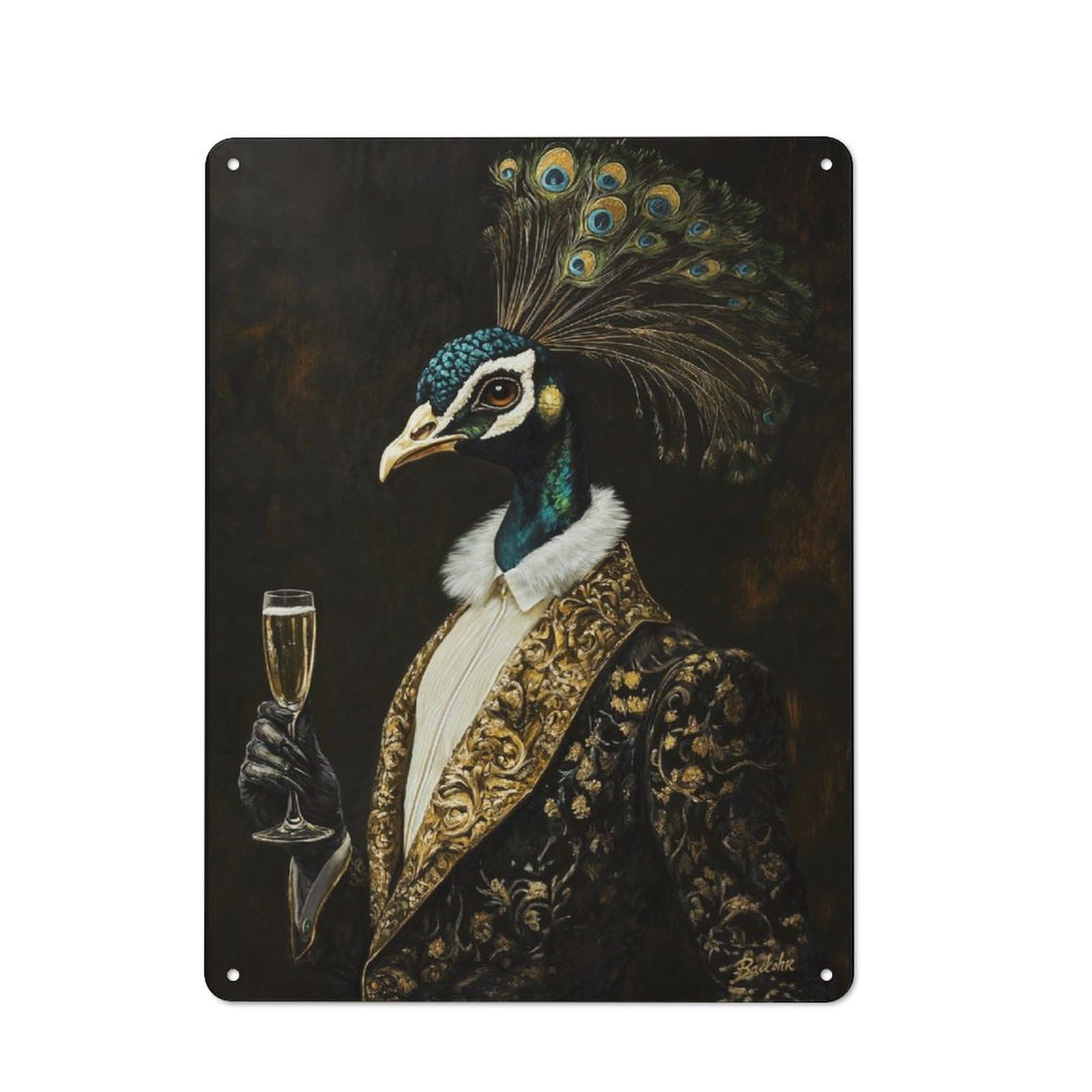 For Café Or Restaurant, Elegant Gilded Peacock With Champagne Rustic Metal Plaque 40x30cm, for Hospitality Interior Collectors Refreshing A Room in Autumn