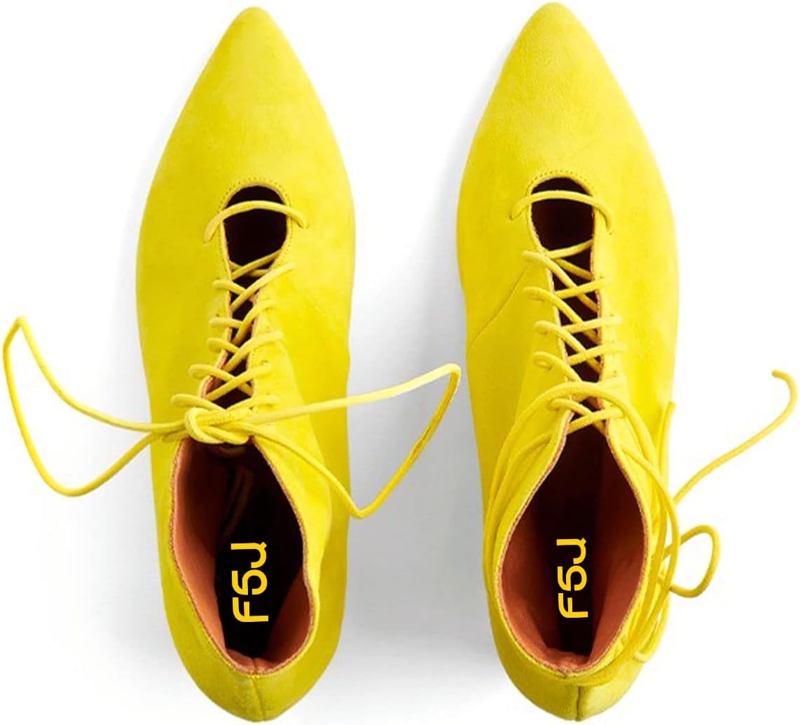 FSJ Women Fashion Pointed Toe Low Heel Ankle Boots Elastic Lace Up Casual Walking Ladies Shoes Size 4-15 US