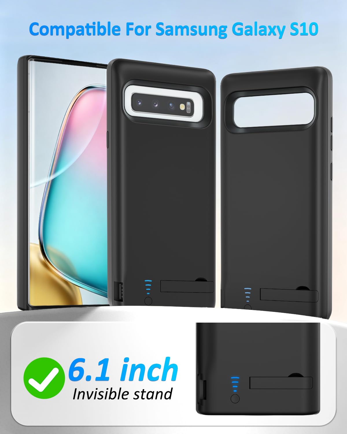 Coque de protection pour Samsung Galaxy S10 - 6000 mAh - Fin et rechargeable - Étui de chargement de batterie de secours - Coque de protection portable pour Samsung Galaxy S10 - Noir