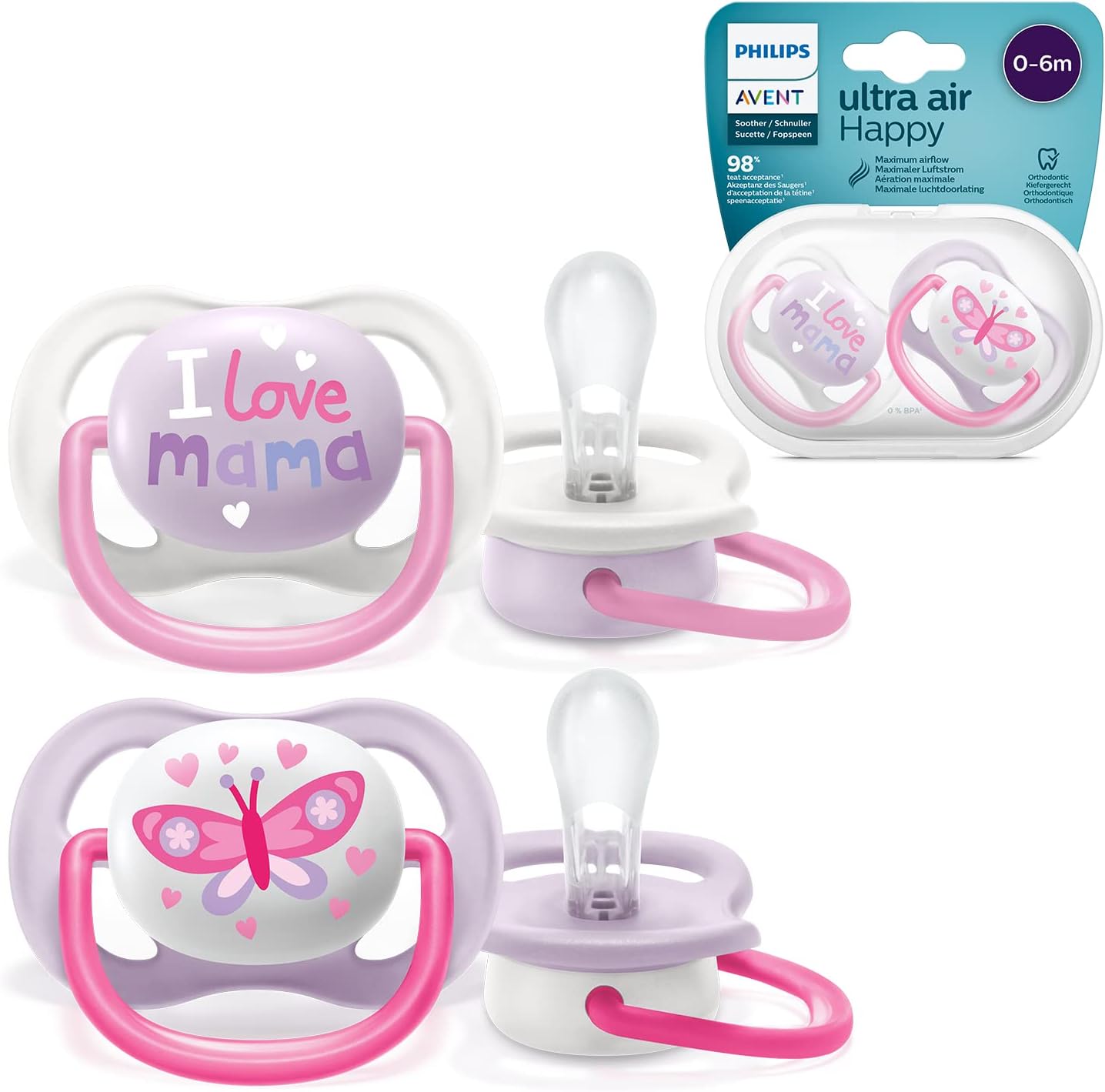 Philips Ultra Air Pacifier, for 0-6m, Orthodontic & BPA-, 2 pcs, Including Sterilizer/Carrying Case, SCF080/02, Pink and Purple
