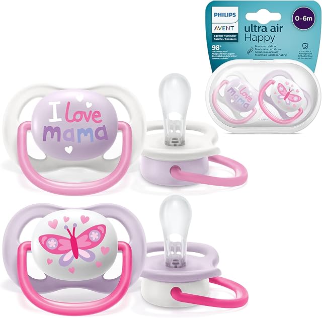 Smoczek Ultra Air Philips Avent, dla dzieci do 6 miesiąca życia, ortodontyczny i bez bisfenolu A, 2 szt., w zestawie sterylizator/torba do przenoszenia, SCF080/02