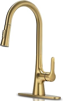 Brushed Gold Kitchen Faucet, Single Handle Gold Kitchen Sink Faucet with Pull Down Sprayer Modern Stainless Steel Brass Kitchen Faucet with Deck Plate Power Clean Spray Head 1 or 3 Hole