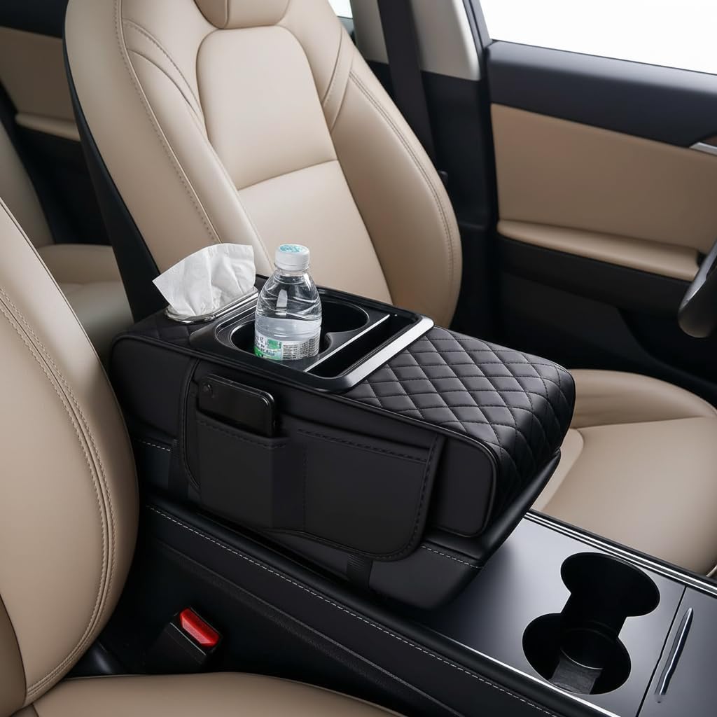 5 in 1 Car Armrest Console Cushion Car Armrest Box Height Cushion Multifunctional PU Leather Cars Box Mat Memory Universal Console Cushions (Black,A)