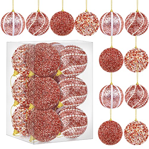 Adxco 12 Pieces 3.15 Inches Christmas Ball Ornaments Shatterproof Glitter Sequin Foam Balls Christmas Decorative Hanging Balls For Christmas Decoration, Rose Gold #TOP19