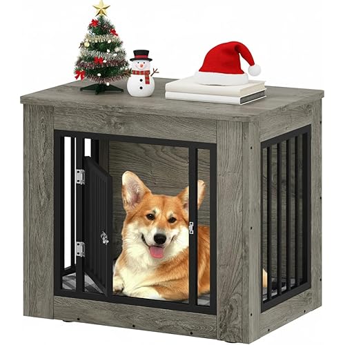 YITAHOME Dog Crate Furniture for Medium Dogs, Side End Table, Modern Dogs Kennel Indoor up to 35 lb, 2-in-1 Iron-Wood Fusion Dog Cage with Waterproof Top, Safety Corners,Steel Lock,30" L,Greige