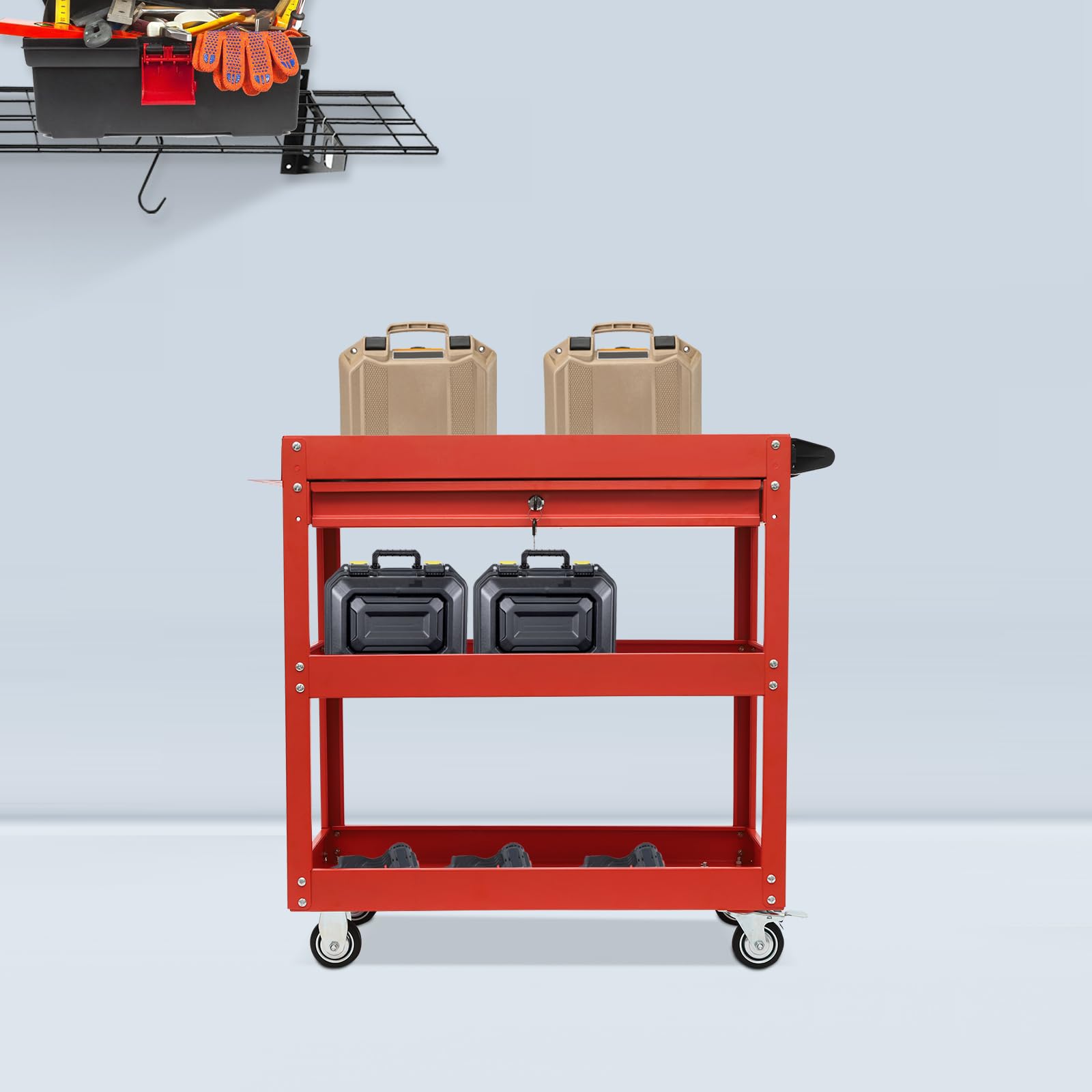 Carrello da officina con 3 ripiani, portata fino a 150 kg | Carrello da officina con ruote, carrello di trasporto con cassetto, per attrezzi garage officina