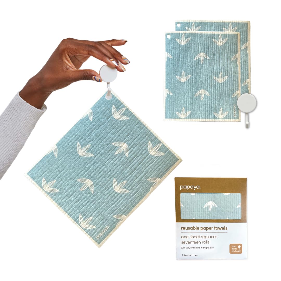 Papaya Reusable Paper Towels, Premium Swedish Dishcloths with Hook, Non-Scratch Reusable Paper Towel, 1 Sheet Replaces 17 Rolls - 2 Sheets, 1 Hook