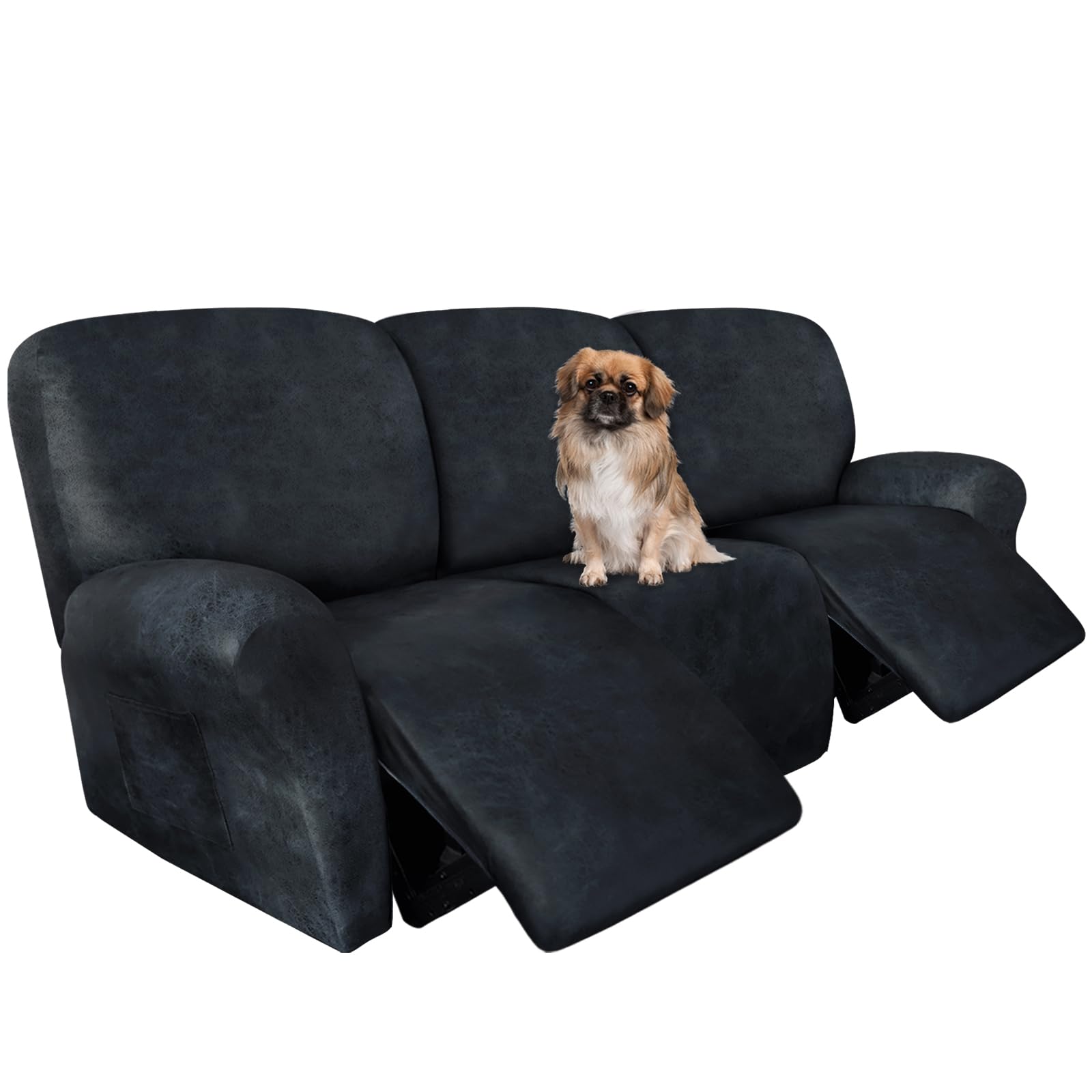 ANARACHON Leather Look Recliner Couch Cover 8-Piece Recliner Sofa Slipcovers 3 Seater for Reclining Couches Furniture Protector Spandex Fabric Washable (Recliner Sofa, 02Navy Blue)