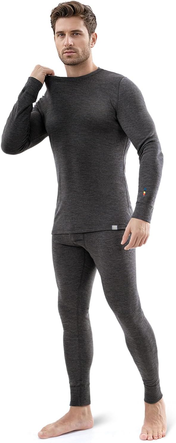100% Merino Wool Base Layer Set Thermal Underwear Top Bottom Fleece Lined Thick Warm Ski Hunting Cold Weather
