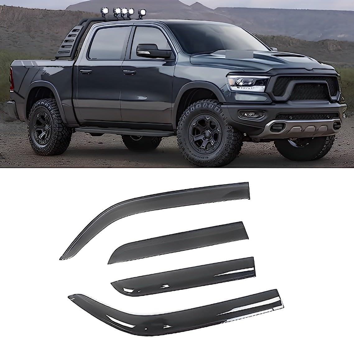 liufangfc Wind Deflectors for Dodge RAM 1500 2011-2016 – 4pc Tape-On Smoked Visors, Weatherproof, Anti-Salt/Snow, Low-Noise
