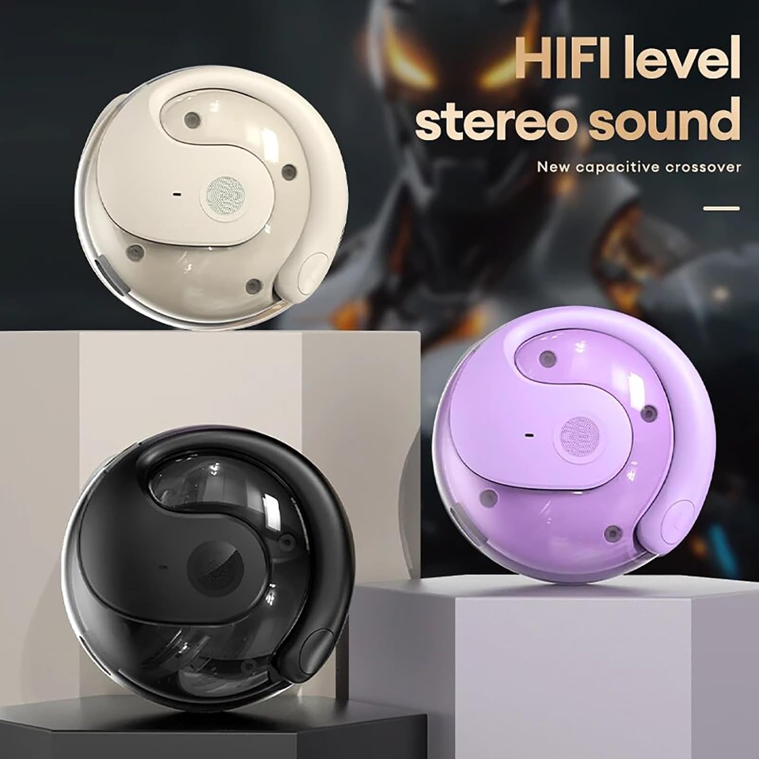 Three HY-T26 charging cases in different colors, highlighting HiFi stereo sound