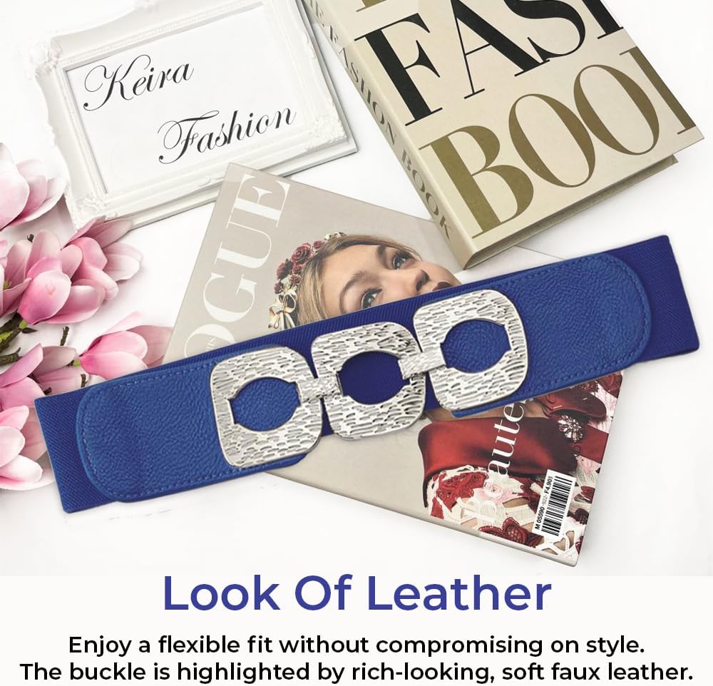 SAGEFINDS Textured-Buckle Stretch Belt for Women, Soft Faux Leather Waist Cinch Belt, 2.5” Wide