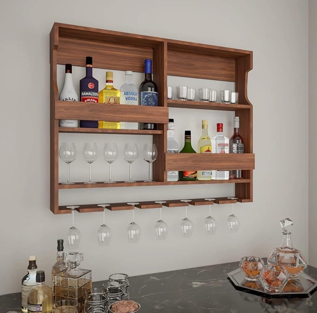 SRB FURNITURE Wooden Wall Mounted Wine Rack, Bar Cabinet with Glass Storage, Wall Hanging Mini Bar for Home Wine Rack, Wine Glass Holder, Kitchen Storage Rack Wall Mounted, 30 x 24 Inch Wooden Storage 2